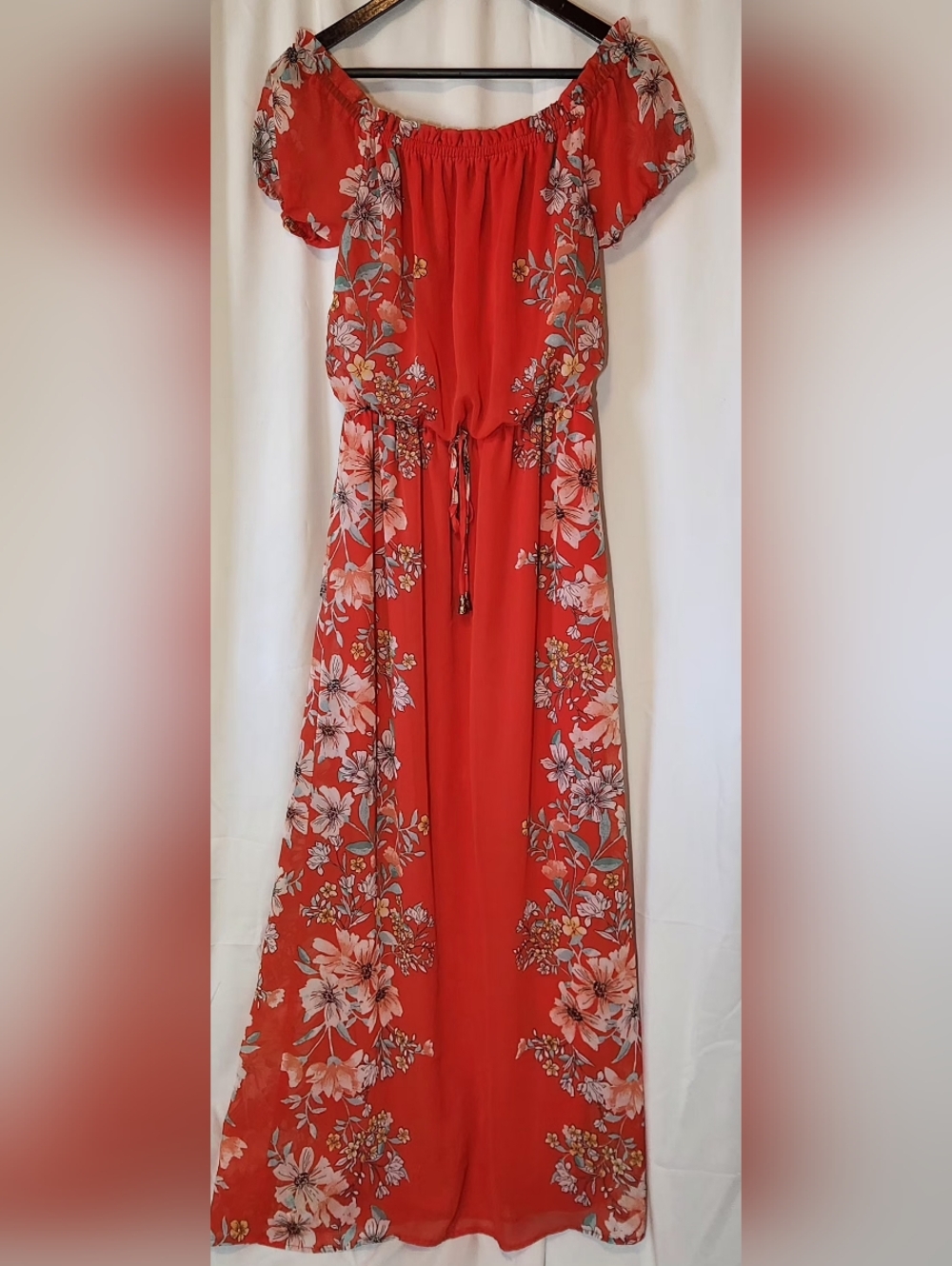 City Studio Juniors' Off-the-Shoulder Red Floral Maxi Dress Size Small